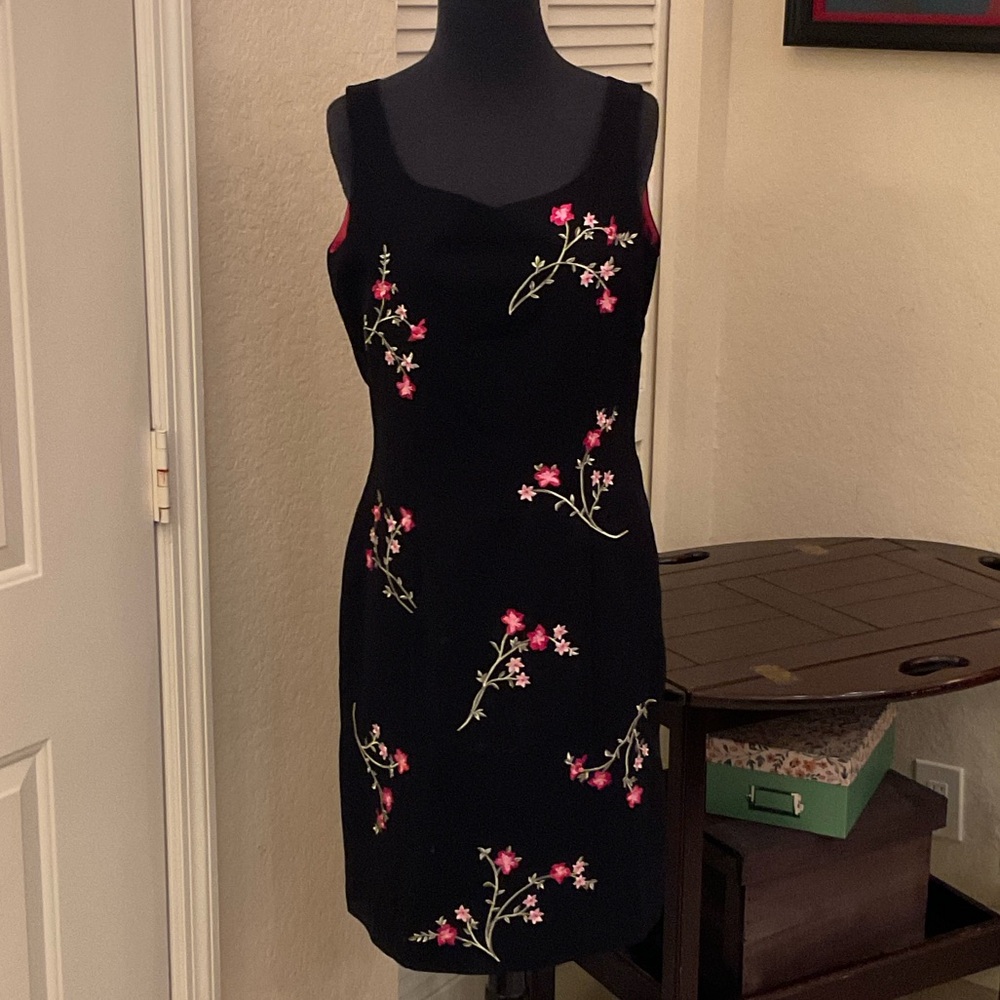 Chic Black Dress with Pink Floral Embroidery NWT